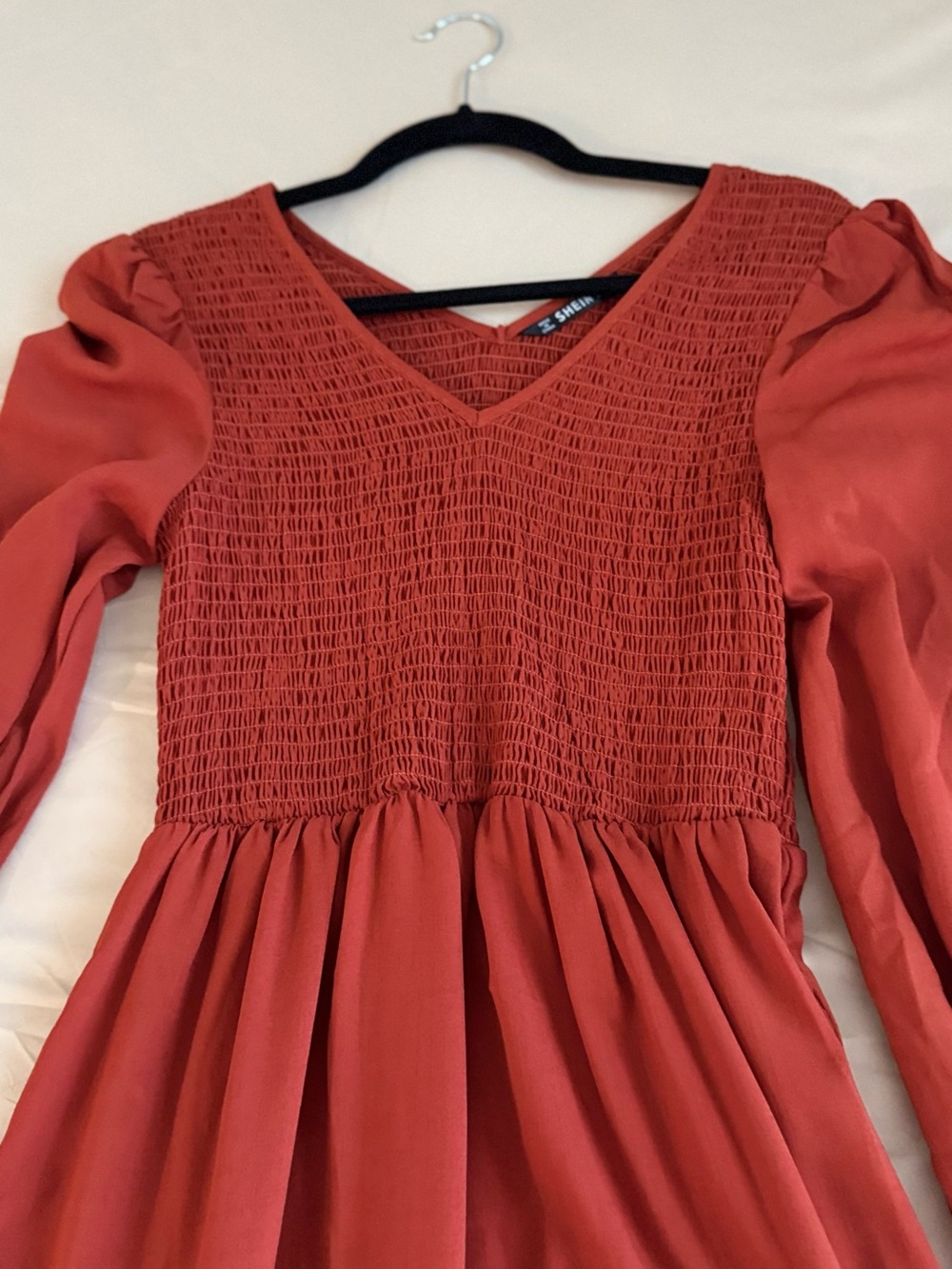 Shein Style Red Smocked V-Neck Long Sleeve Women's Top